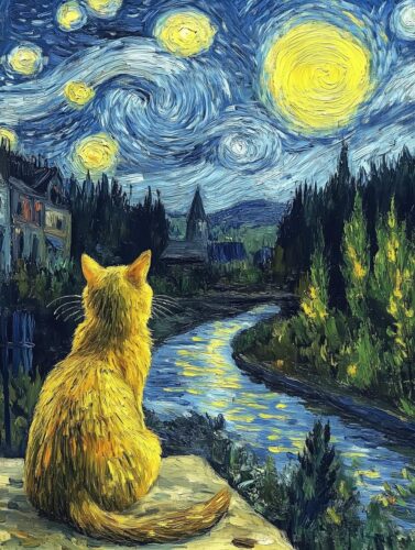 Yıldızlı Gecede Nehir Kenarında Kedi Tablo