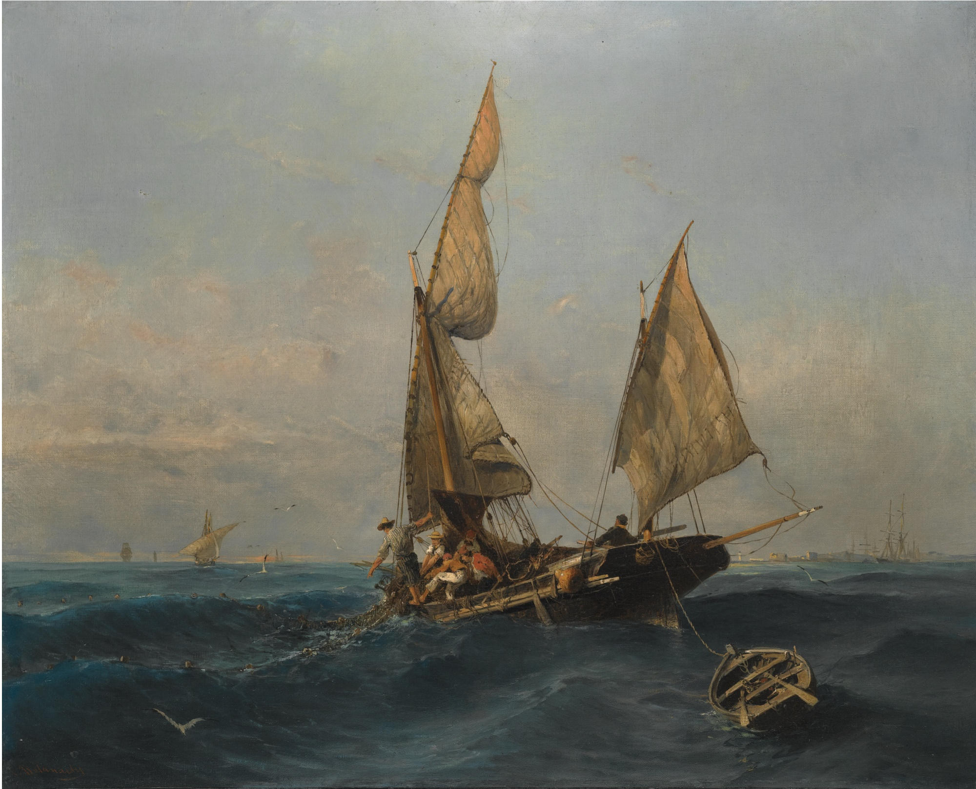 Fishing boat in choppy waters - Konstantinos Volanakis Tablo
