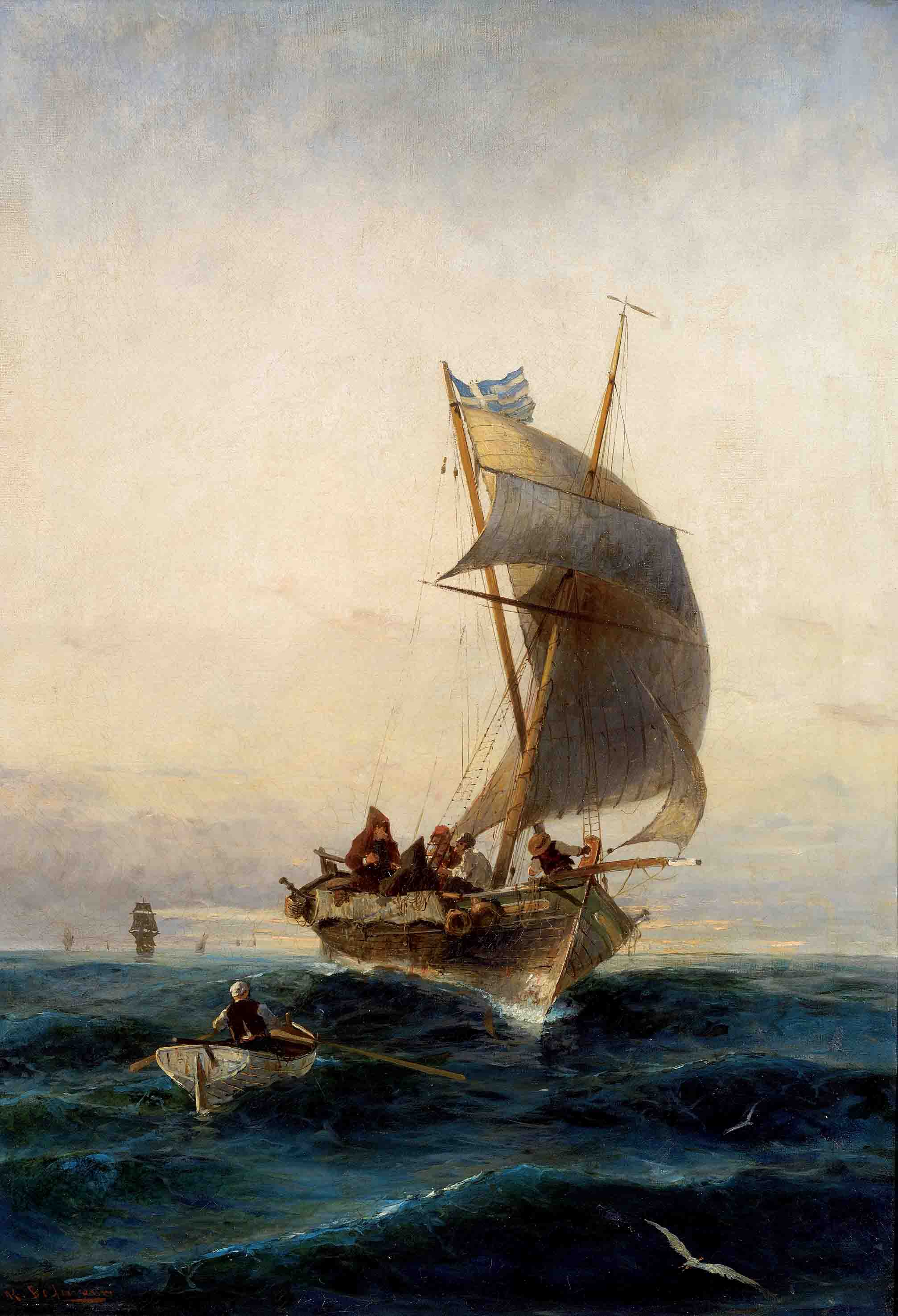 Fishing boat on choppy waters - Konstantinos Volanakis Tablo