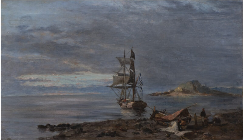 Greek frigate at anchor - Konstantinos Volanakis Tablo