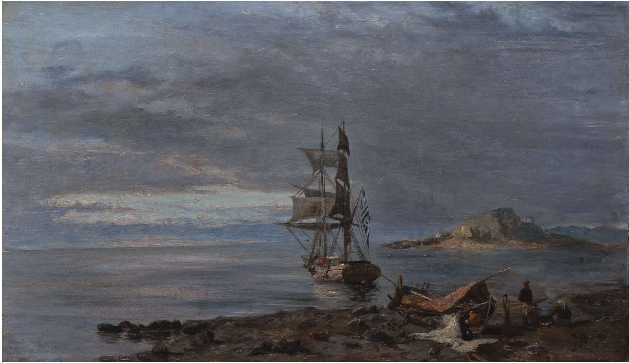 Greek frigate at anchor - Konstantinos Volanakis Tablo