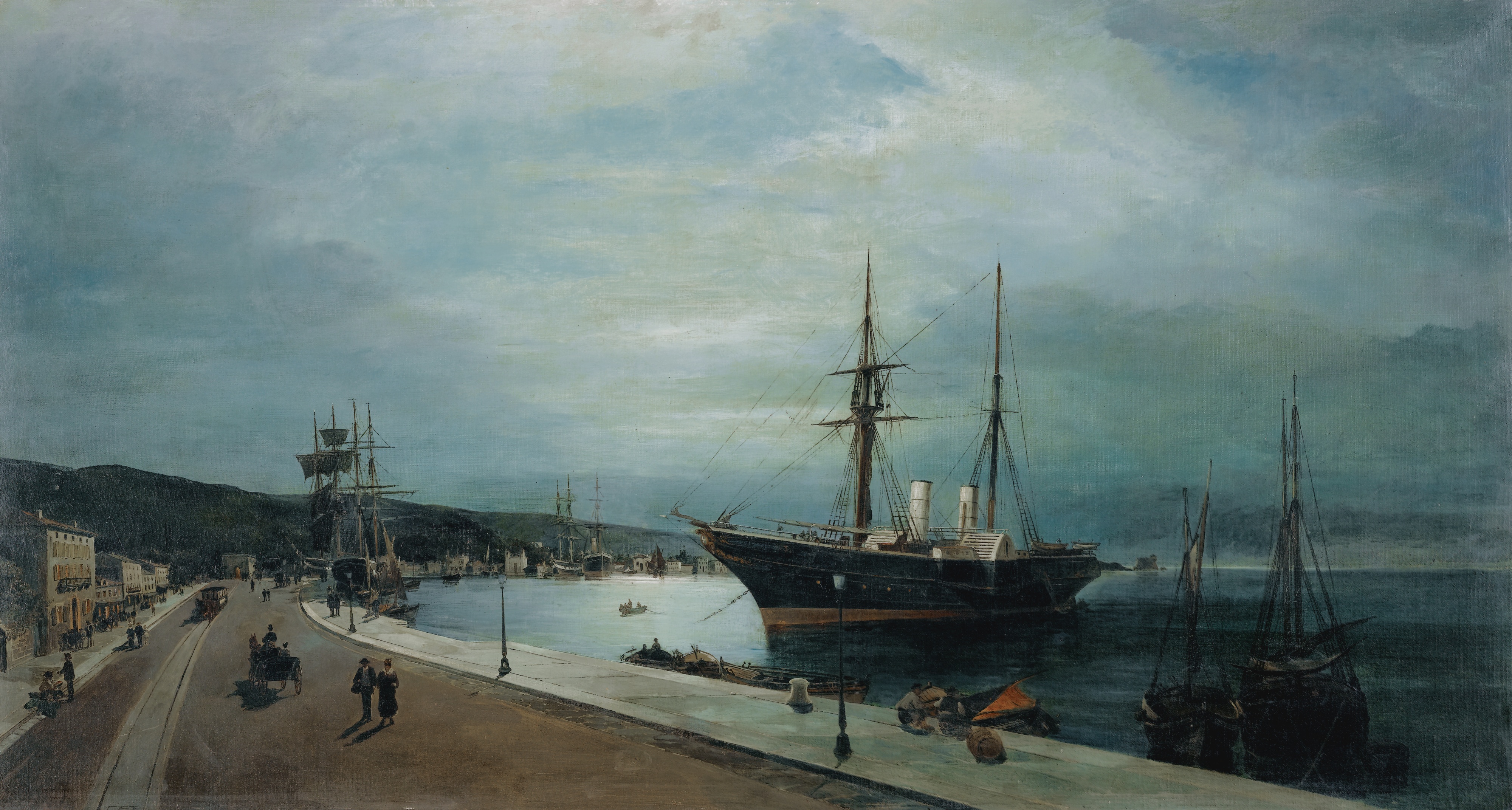 Moonlit harbour of Volos - Konstantinos Volanakis Tablo