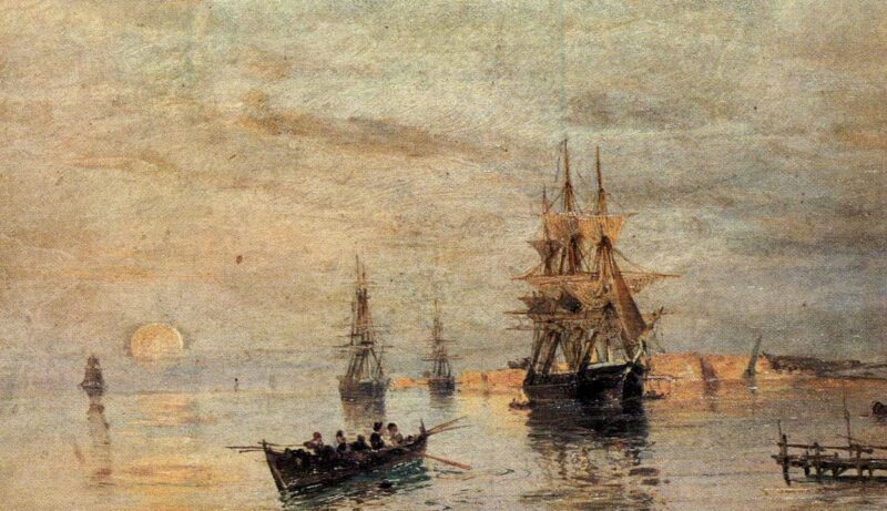 Sailing ships at dawn - Konstantinos Volanakis Tablo