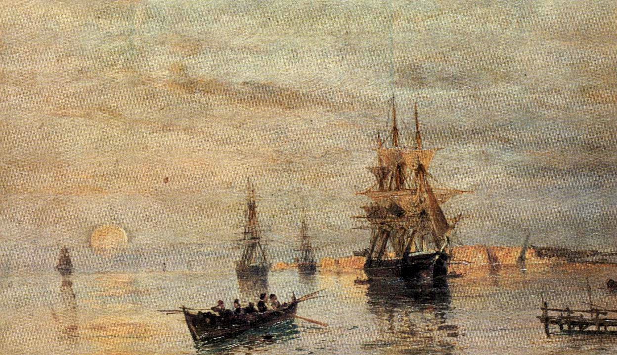 Sailing ships at dawn - Konstantinos Volanakis Tablo