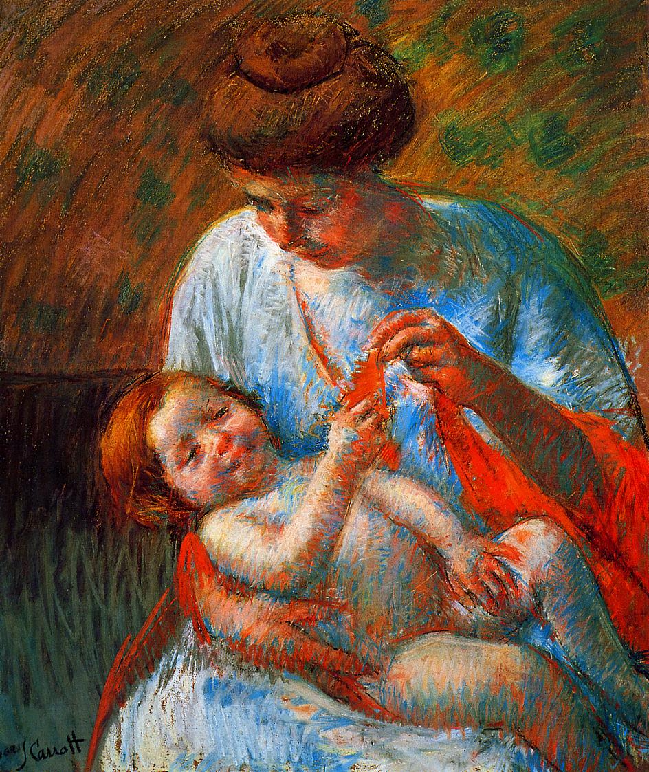 Baby Lying on His Mother s Lap, reaching to hold a scarf (1914) - Mary Cassatt Tablo