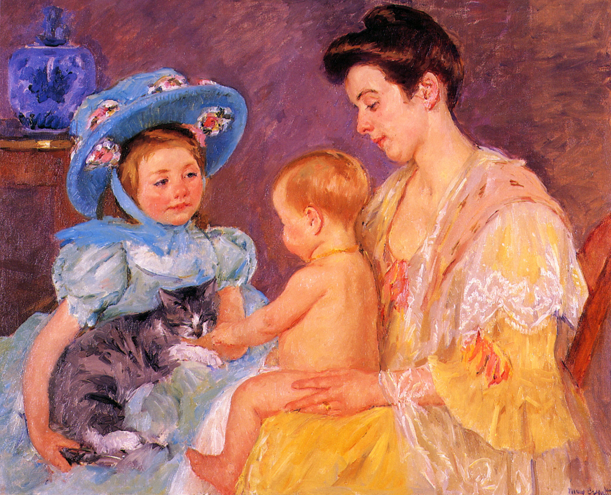 Children Playing with a Cat (1908) - Mary Cassatt Tablo