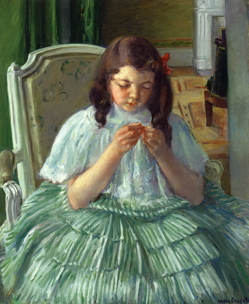 Françoise in Green, Sewing (1908) - Mary Cassatt Tablo