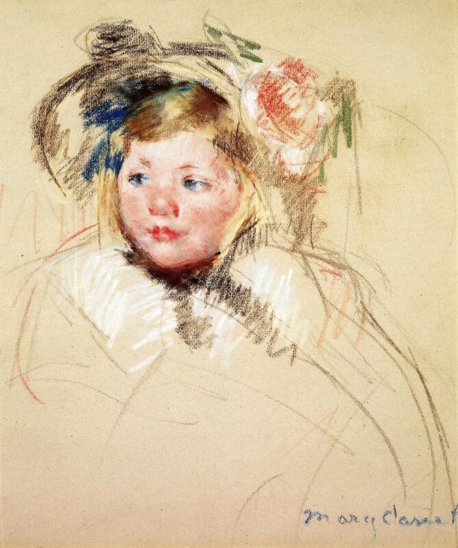 Head of Sara in a Bonnet Looking Left (1901) - Mary Cassatt Tablo