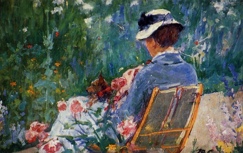 Lydia Seated in the Garden with a Dog in Her Lap (1880) - Mary Cassatt Tablo