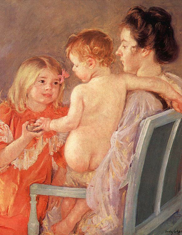 Sara Handing a Toy to the Baby (1901) - Mary Cassatt Tablo