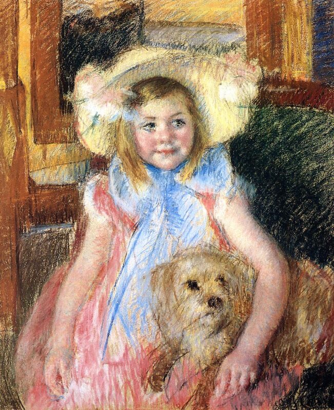 Sara in a Large Flowered Hat Looking Right Holding Her Dog (1902) - Mary Cassatt Tablo