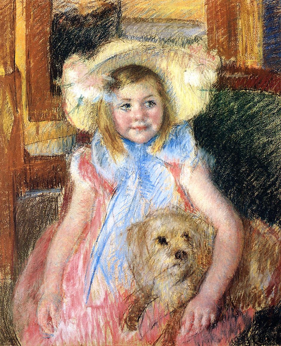 Sara in a Large Flowered Hat Looking Right Holding Her Dog (1902) - Mary Cassatt Tablo