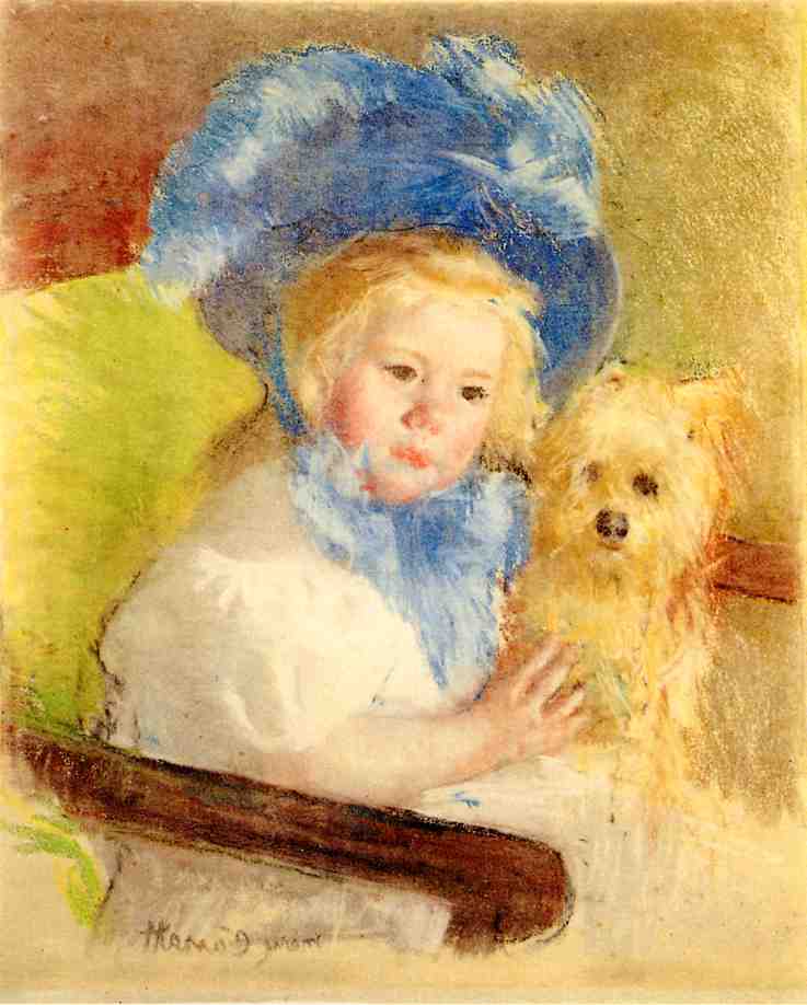Simone in a Large Plumed Hat, Seated, Holding a Griffon Dog (1903) - Mary Cassatt Tablo