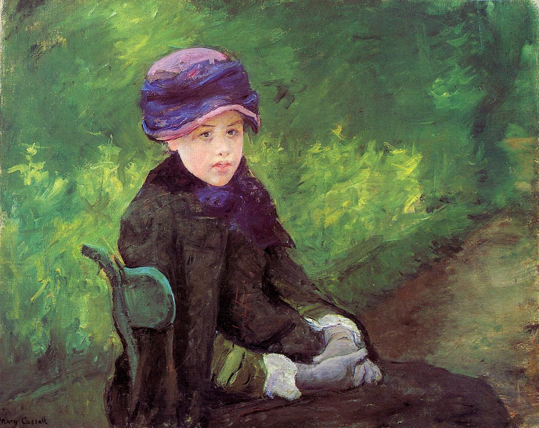 Susan Seated Outdoors Wearing a Purple Hat (1881) - Mary Cassatt Tablo