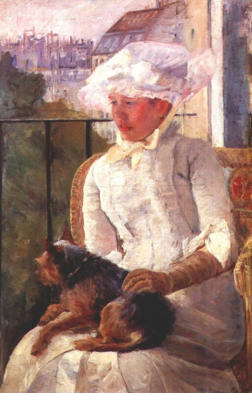 Susan on a Balcony Holding a Dog (1883) - Mary Cassatt Tablo