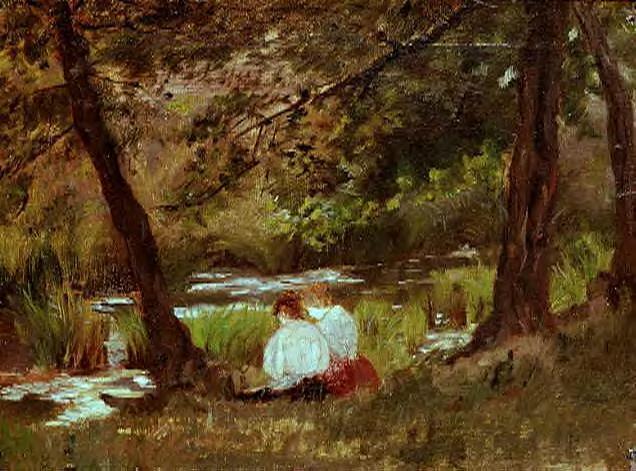 Two Women Seated by a Woodland Stream (1869) - Mary Cassatt Tablo