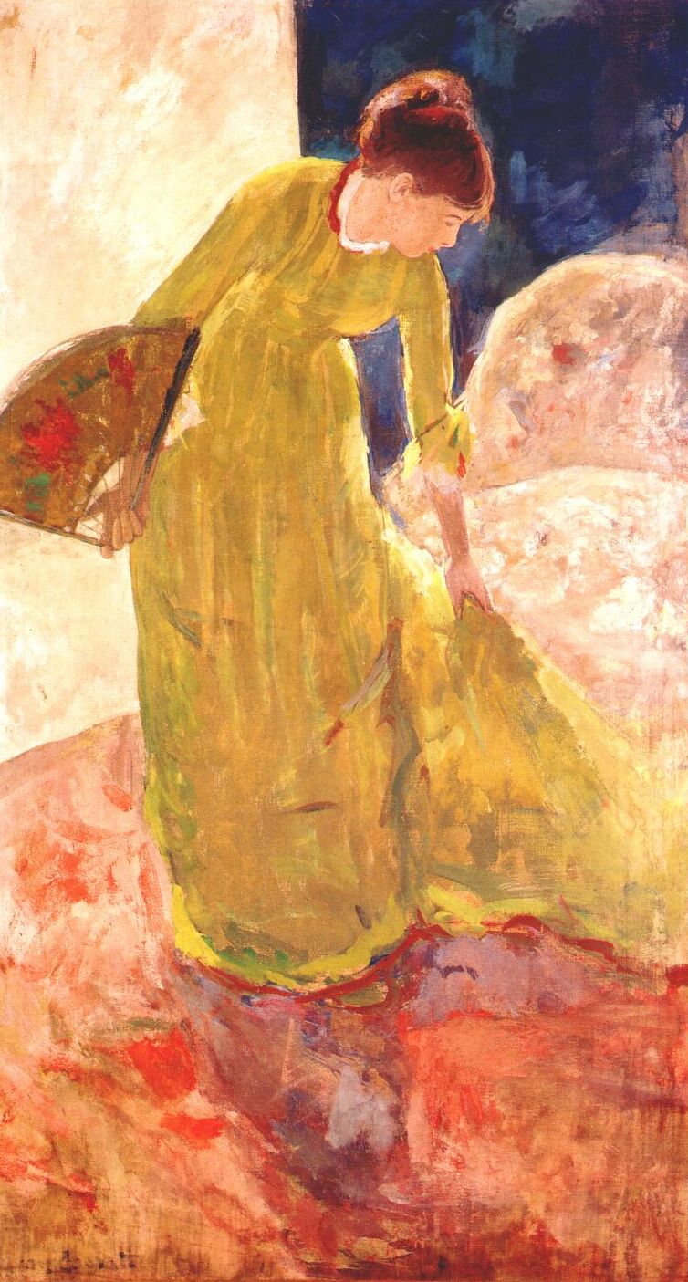 Woman Standing, Holding a Fan (1878) - Mary Cassatt Tablo