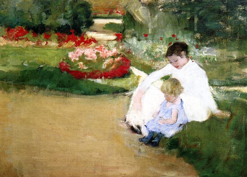 Woman and Child Seated in a Garden (1881) - Mary Cassatt Tablo