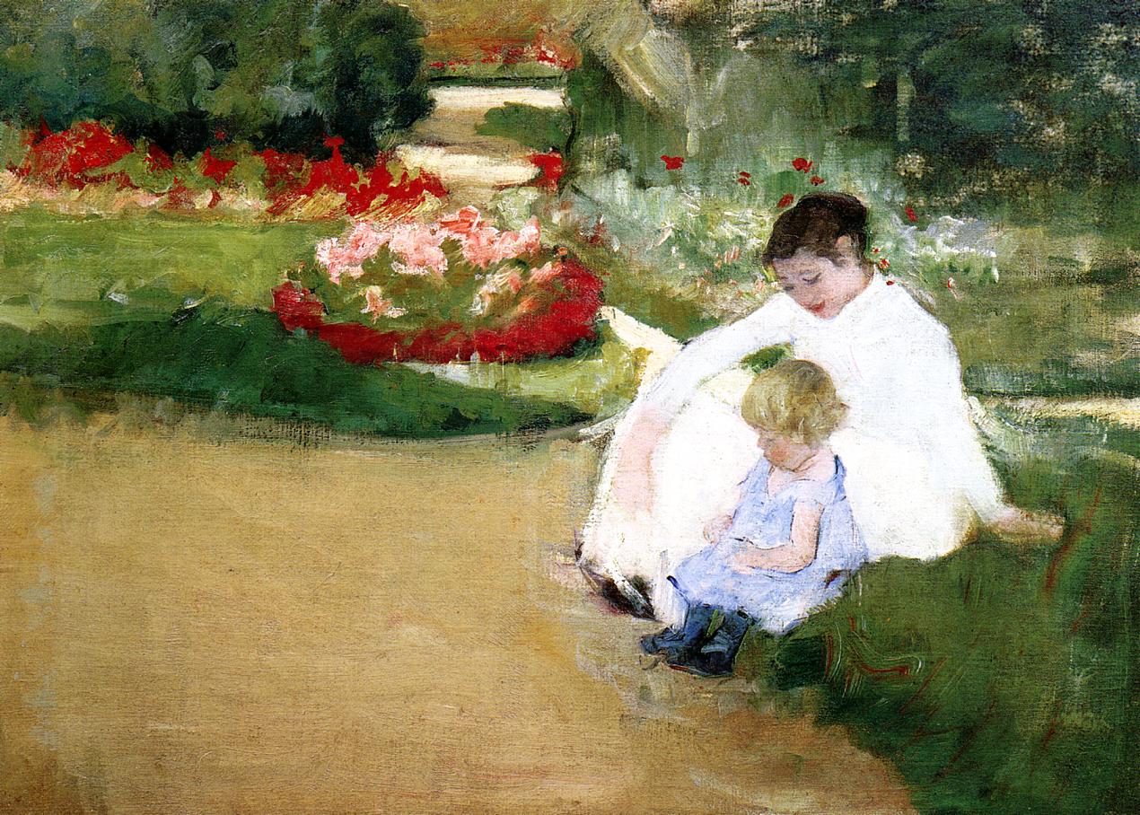 Woman and Child Seated in a Garden (1881) - Mary Cassatt Tablo