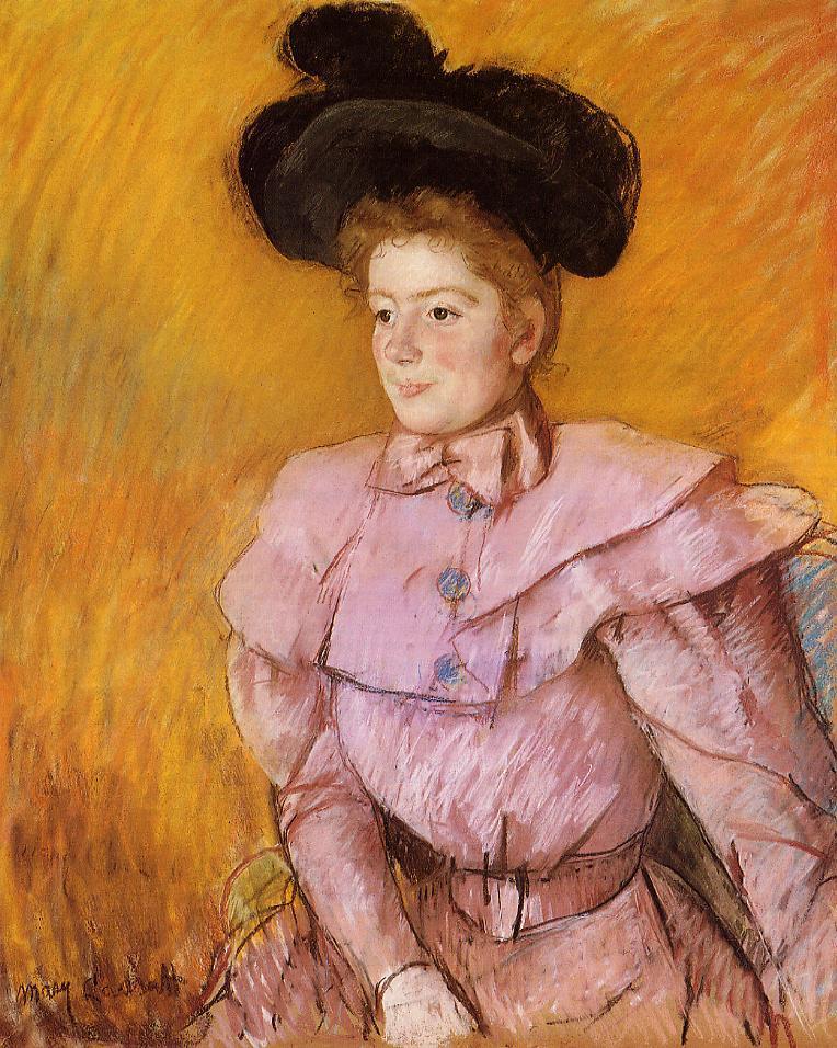 Woman in a Black Hat and a Raspberry Pink Costume (1900) - Mary Cassatt Tablo