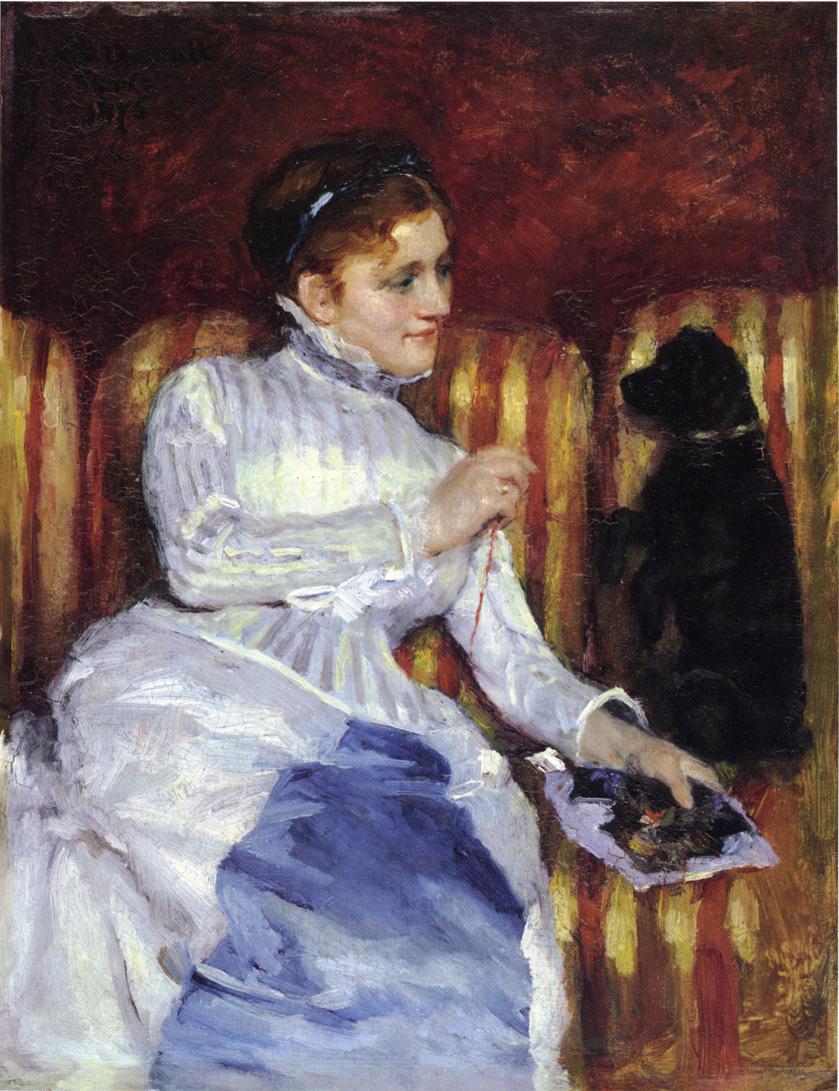 Woman on a Striped Sofa with a Dog (1875) - Mary Cassatt Tablo