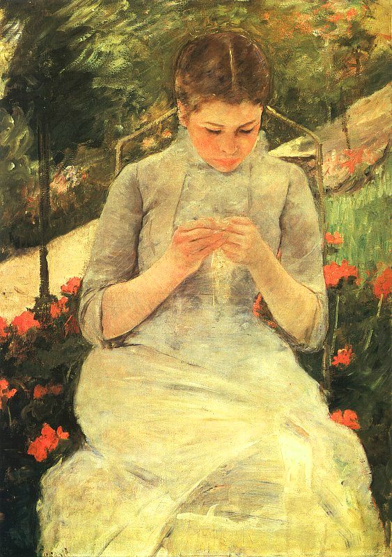 Young Woman Sewing in the garden (1880) - Mary Cassatt Tablo