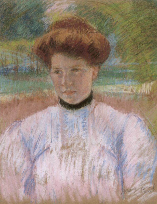 Young Woman with Auburn Hair in a Pink Blouse (1895) - Mary Cassatt Tablo