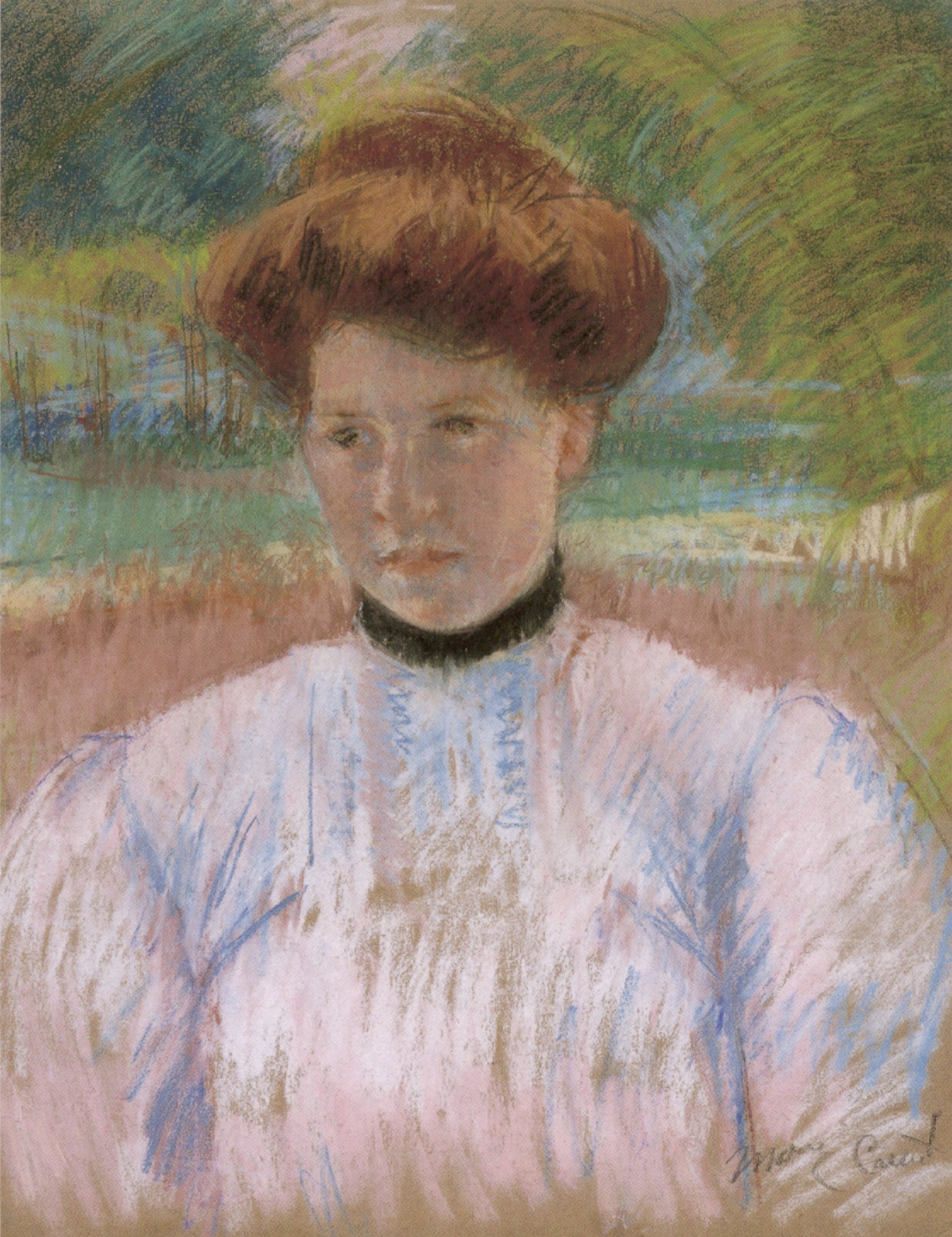 Young Woman with Auburn Hair in a Pink Blouse (1895) - Mary Cassatt Tablo