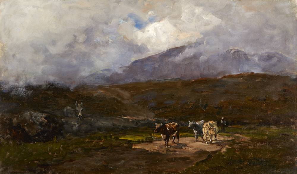 HERDSMAN AND COWS ON A COUNTRY ROAD, GLENMALURE, COUNTY WICKLOW (1880) – Nathaniel Hone the Younger Tablo