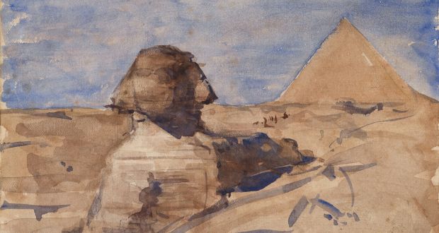 The Sphinx Half in Shadow and Chephren Pyramid, Giza, Egypt (1892) - Nathaniel Hone the Younger Tablo