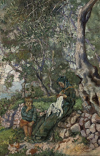 A mother and son seated by a wall before the sea - Niccolò Cannicci Tablo