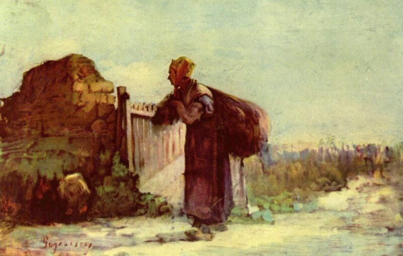 French peasant woman with a bag on her back - Nicolae Grigorescu Tablo