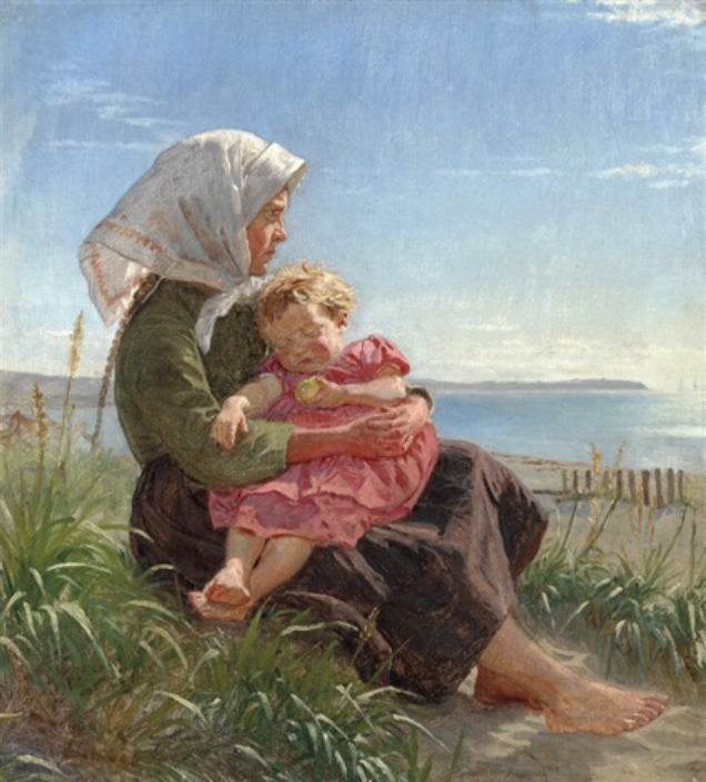 A small barefoot Fisher girl sitting by Hornbæk Beach - Peder Severin Krøyer Tablo