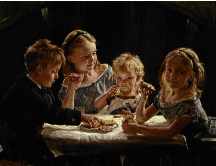 Børnegruppe. Portræter af fire børn ved Frokosten Rigmor, Ingrid Regnar og Astrid Kjær (1877) - Peder Severin Krøyer Tablo