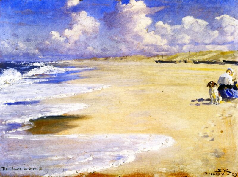 Marie Krøyer Painting on the Beach at Stenbjerg (1889) - Peder Severin Krøyer Tablo