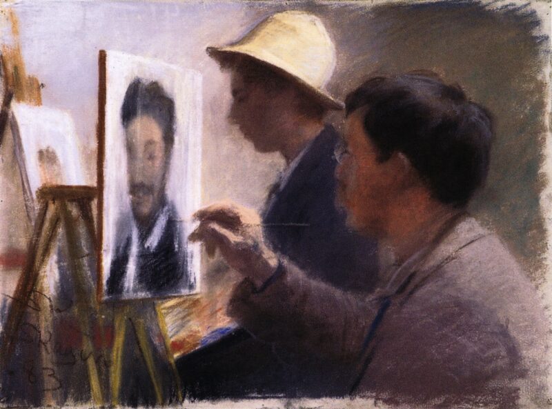 Oscar Björck and Eilif Peterssen Painting Portraits of Georg Brandes (1883) - Peder Severin Krøyer Tablo