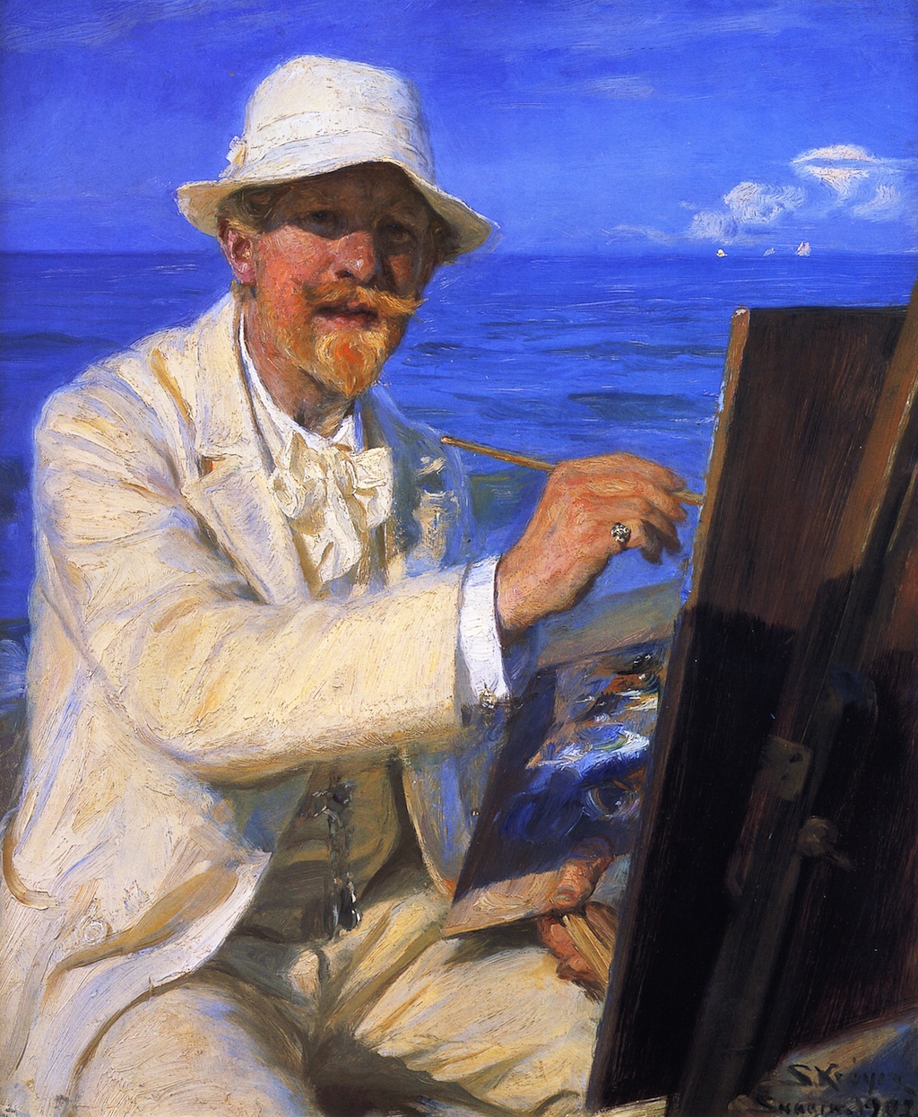Self Portrait, Sitting by His Easel at Skagen Beach (1902) - Peder Severin Krøyer Tablo