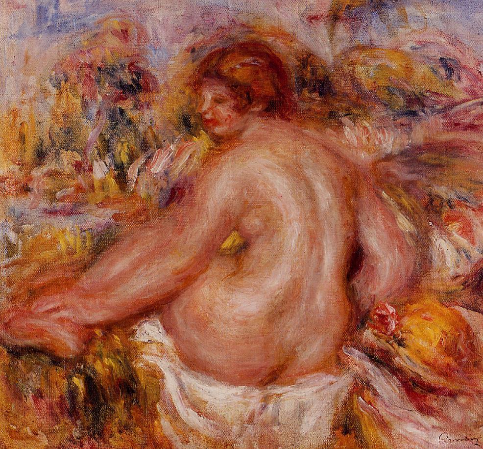 After Bathing, Seated Female Nude - Pierre-Auguste Renoir Tablo