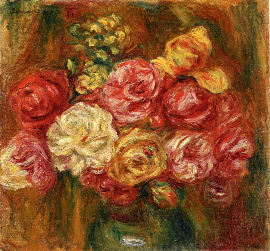 Bouquet of Roses in a Green Vase - Pierre-Auguste Renoir Tablo