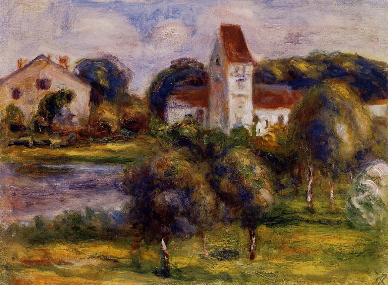 Breton Landscape Church and Orchard - Pierre-Auguste Renoir Tablo