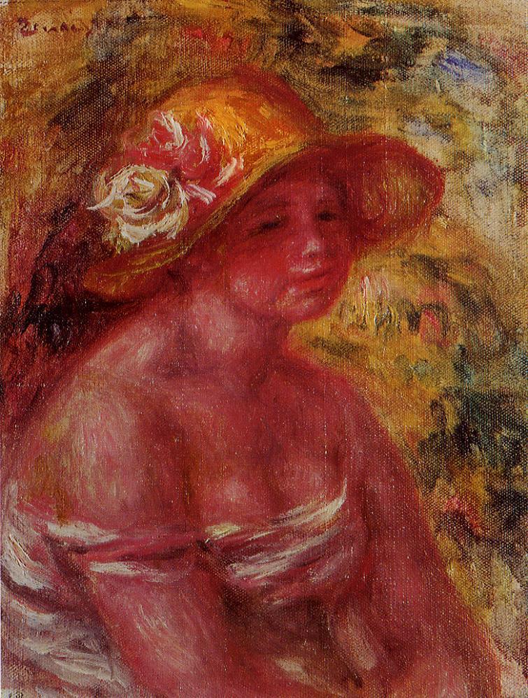 Bust of a Young Girl Wearing a Straw Hat (1917) – Pierre-Auguste Renoir Tablo