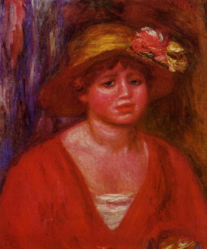 Bust of a Young Woman in a Red Blouse (1915) - Pierre-Auguste Renoir Tablo