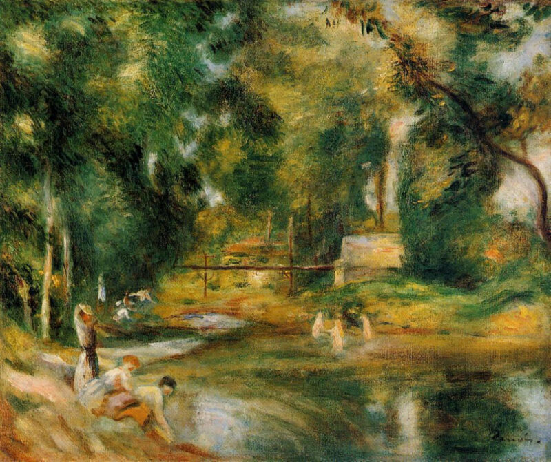 Essoyes Landscape Washerwoman and Bathers (1900) – Pierre-Auguste Renoir Tablo