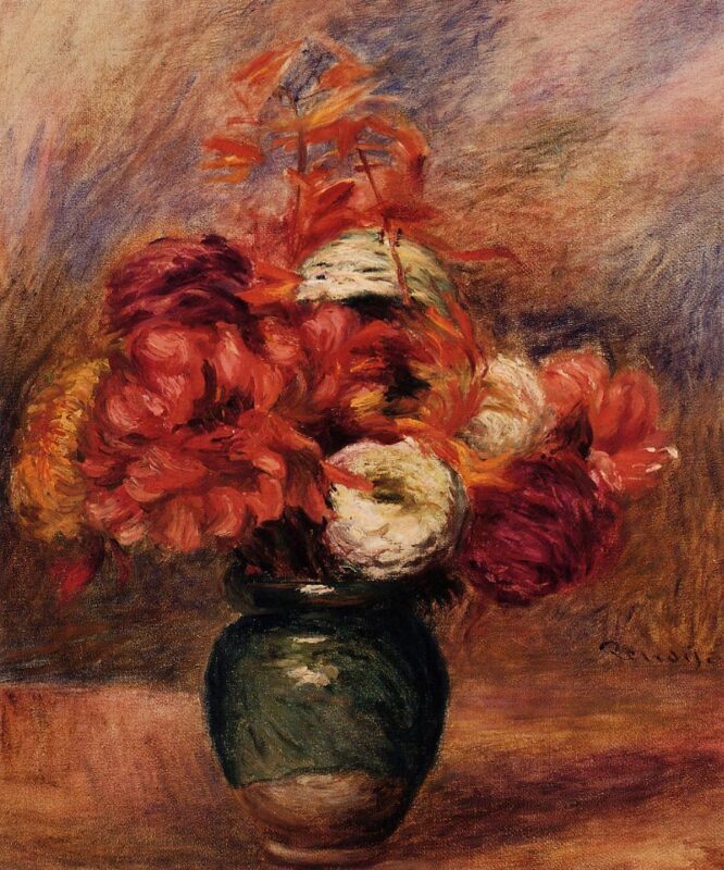 Flowers in a Green Vase Dahlilas and Asters (1910) - Pierre-Auguste Renoir Tablo