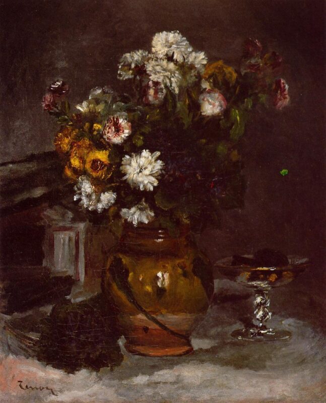 Flowers in a Vase and a Glass of Champagne – Pierre-Auguste Renoir Tablo