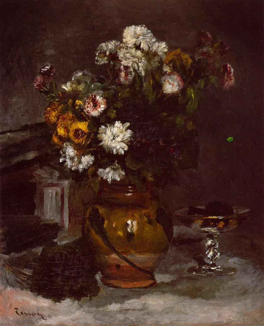 Flowers in a Vase and a Glass of Champagne - Pierre-Auguste Renoir Tablo