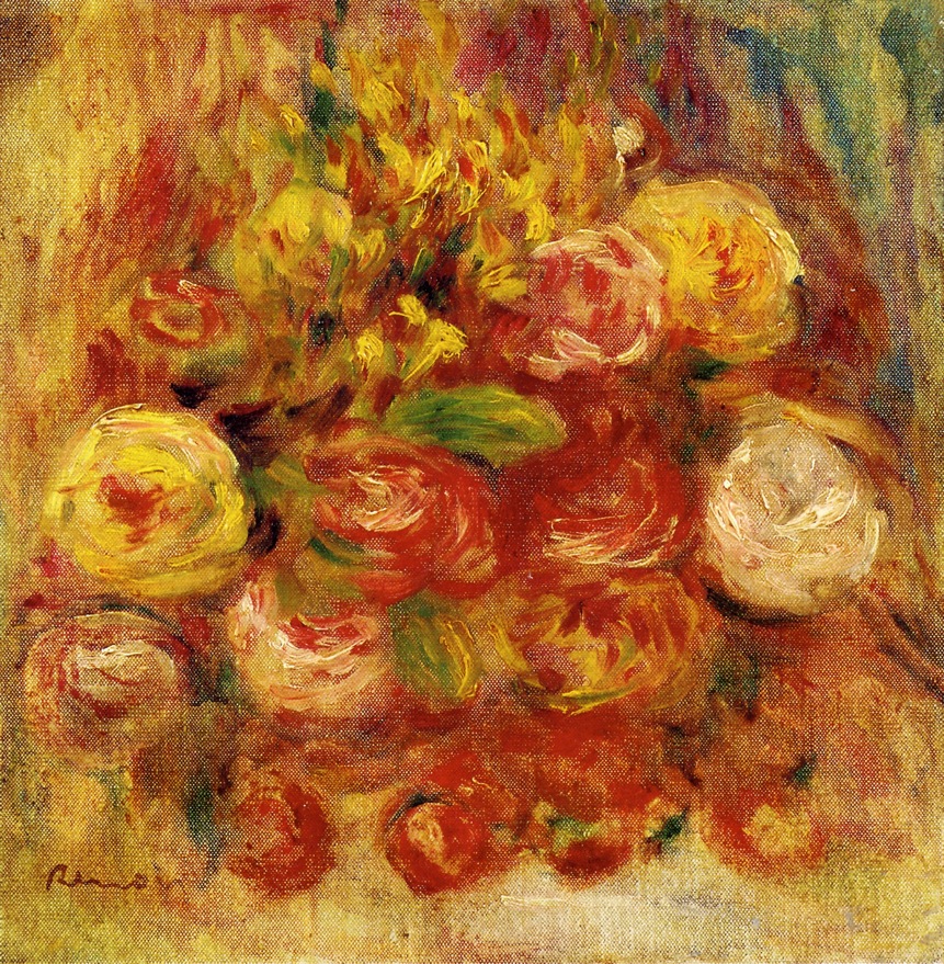 Flowers in a Vase with Blue Decoration - Pierre-Auguste Renoir Tablo