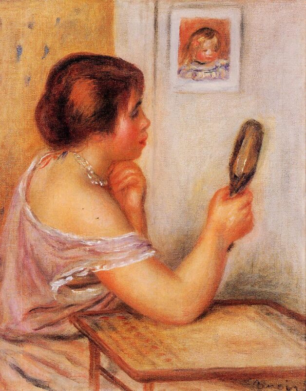 Gabrielle Holding a Mirror with a Portrait of Coco (1905) – Pierre-Auguste Renoir Tablo