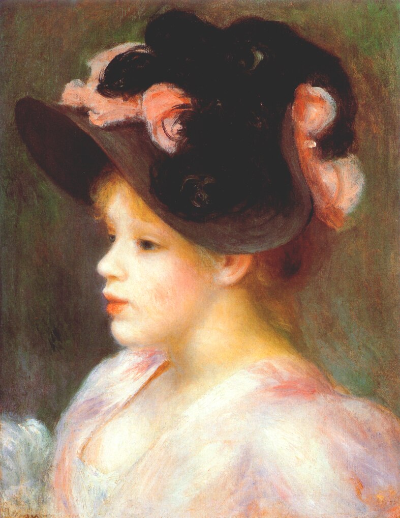 Girl with a pink and black hat (1890) - Pierre-Auguste Renoir Tablo