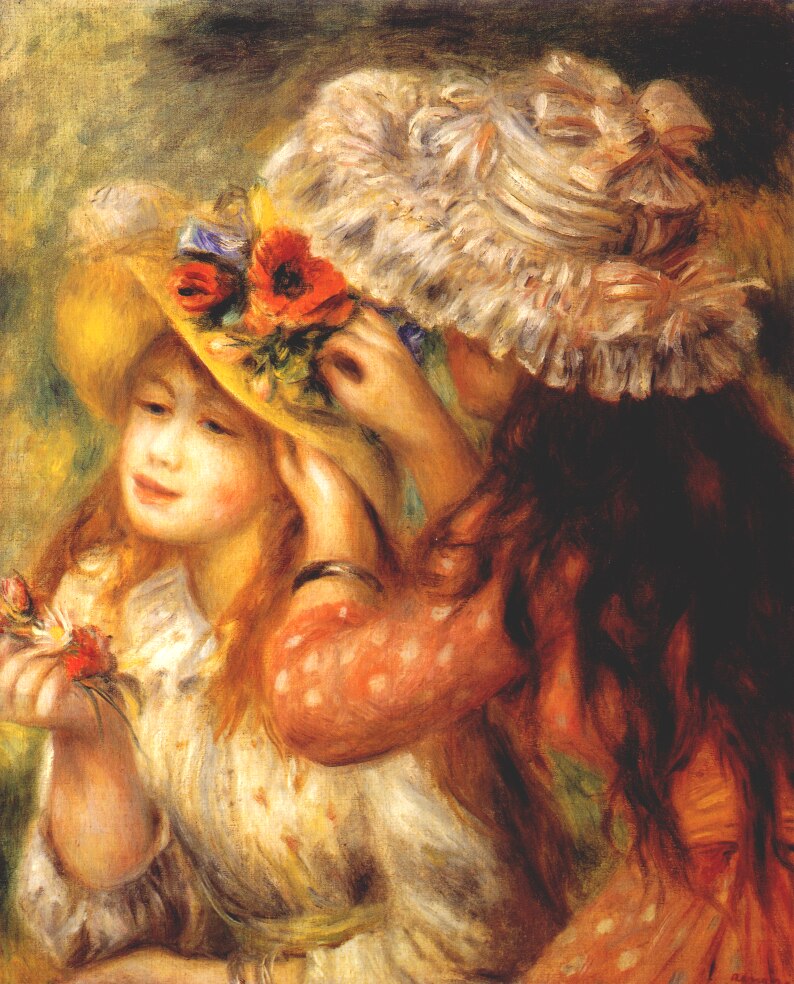 Girls putting flowers on their hats (1893) - Pierre-Auguste Renoir Tablo